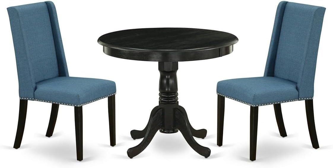 East West Furniture ANFL3-ABK-21 3 Piece Modern Dining Table Set Contains a Round Kitchen Table with Pedestal and 2 Blue Linen Fabric Parson Dining Chairs, 36x36 Inch, Wirebrushed Black