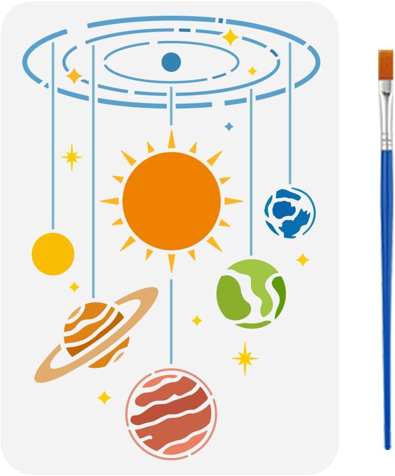 FINGERINSPIRE Galaxies Painting Stencil with Brush 8.3x11.7inch Planets Earth Moon Sun Drawing Template Galaxy Space Theme DIY Decoration Stencil for Painting on Wood Wall Fabric Furniture