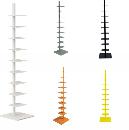 9-Tier Spine Bookshelf Metal Bookcase 5 Colors Vertical Bookshelf Tower Rotating Tall Narrow Bookshelf Ladder Book Rack Indoor (White)