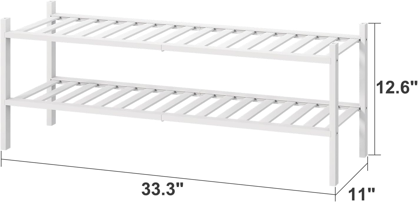 Long Shoe Rack for Entryway,Shoe Organizer for Hallway Closet, Bamboo Wood Shoe Racks for Indoor Outdoor (White, 2-Tier Long)