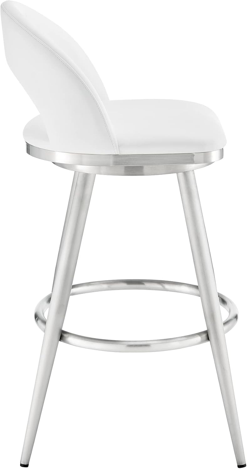 Armen Living Charlotte Swivel Bar Stool in Brushed Stainless Steel with White Faux Leather