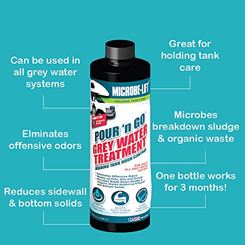MICROBE-LIFT Pour ‘n Go RV Grey Water Holding Tank Treatment - 3 Month Supply - Dissolves Grease, Oils, Fats, Reduces Odors, 32 Ounces