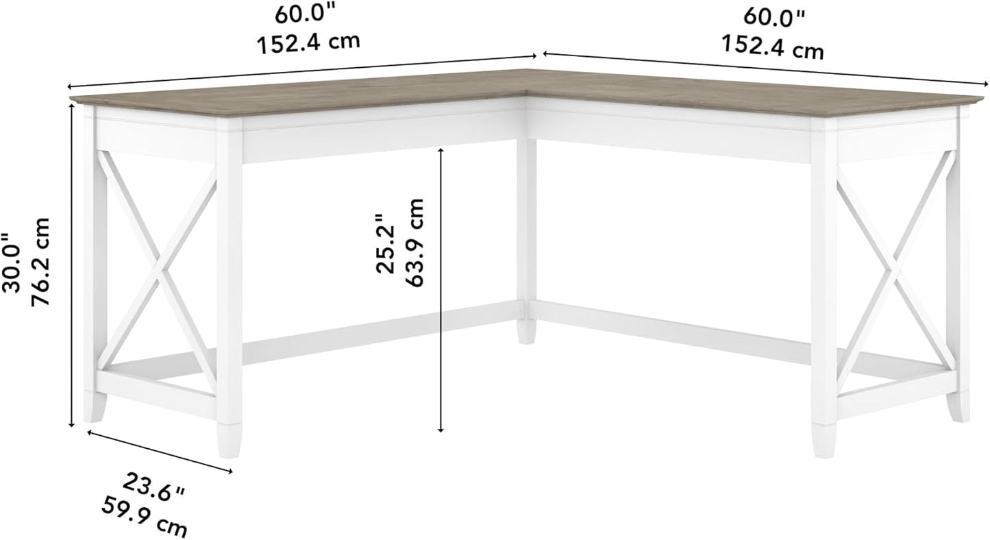 Bush Furniture Key West 60W Modern Farmhouse L Shaped Desk in Pure White and Shiplap Gray | 60-Inch Corner Table for Home Office
