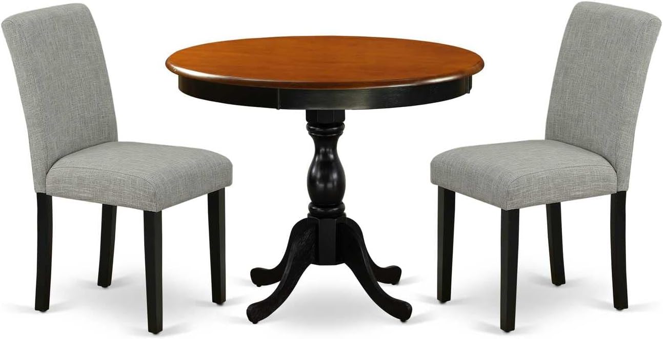 East West Furniture AMAB3-BCH-06 3 Piece Dining Table Set for Small Spaces Contains a Round Kitchen Table with Pedestal and 2 Shitake Linen Fabric Upholstered Chairs, 36x36 Inch, Black & Cherry