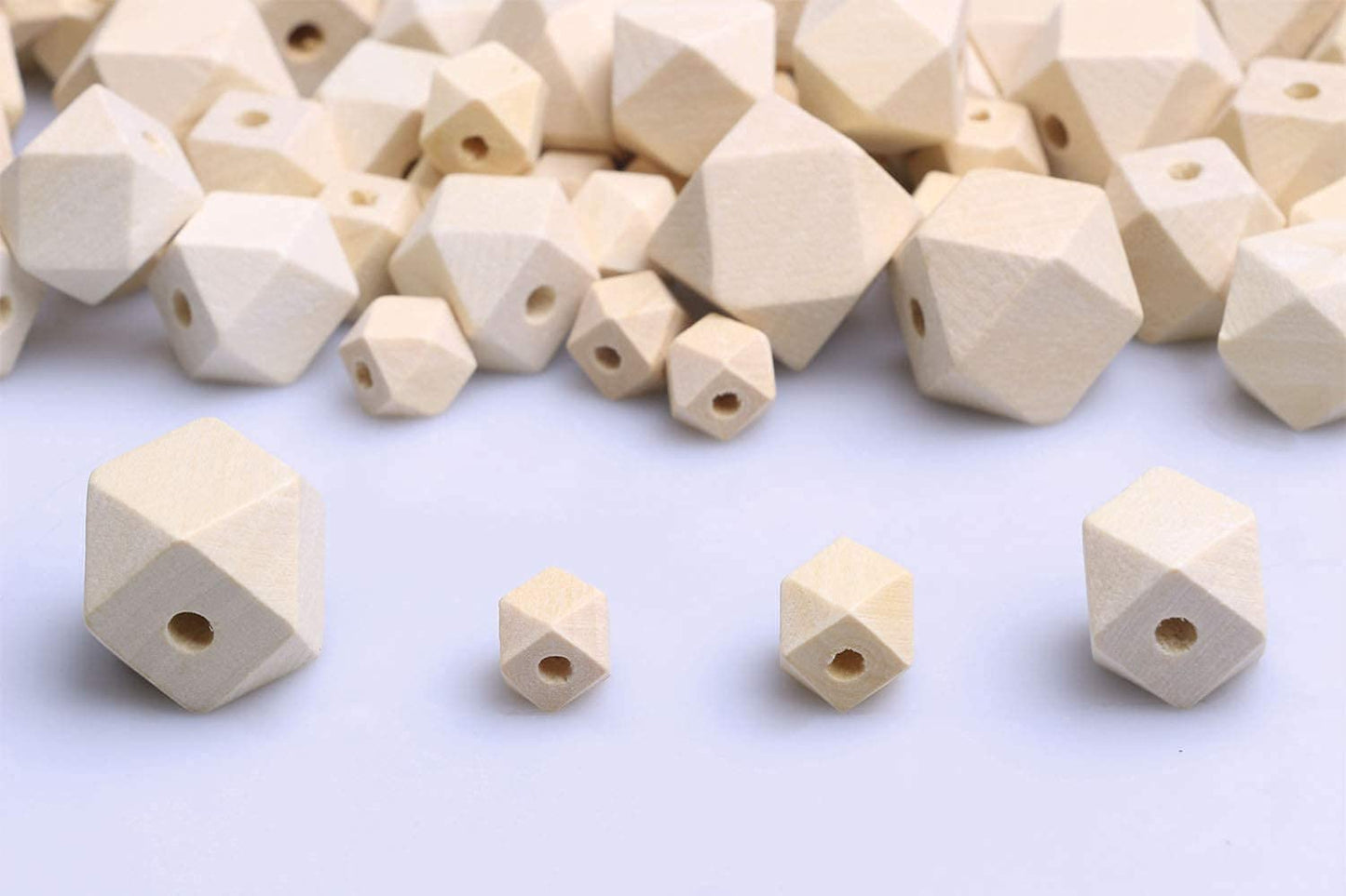 100Pcs Natural Geometric Polygon Wood Beads, Unfinished Wooden Loose Spacer Beads for Bead Crafts Making Home Farmhouse Decoration 4 Sizes (10mm 12mm 16mm 20mm)