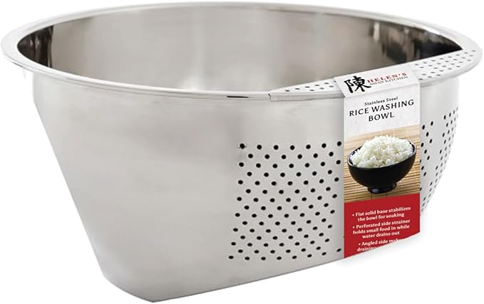Helen's Asian Kitchen Professional Rice Washing Bowl – Stainless Steel Rice Rinser Strainer with Side Drainer, 3-Quart Capacity. Ideal for Quinoa, Rice, Grains, Legumes, Vegetables. Kitchen Essential