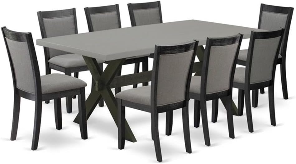 East West Furniture X697MZ650-9 9 Piece Dining Room Set Includes a Rectangle Dining Table with X-Legs and 8 Dark Gotham Grey Linen Fabric Upholstered Chairs, 40x72 Inch, Multi-Color