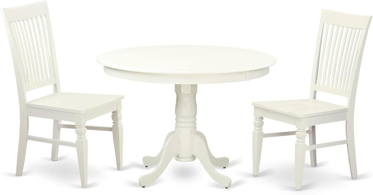 East West Furniture HLWE3-LWH-W 3 Piece Dinette Set for Small Spaces Contains a Round Dining Table with Pedestal and 2 Kitchen Dining Chairs, 42x42 Inch, Linen White