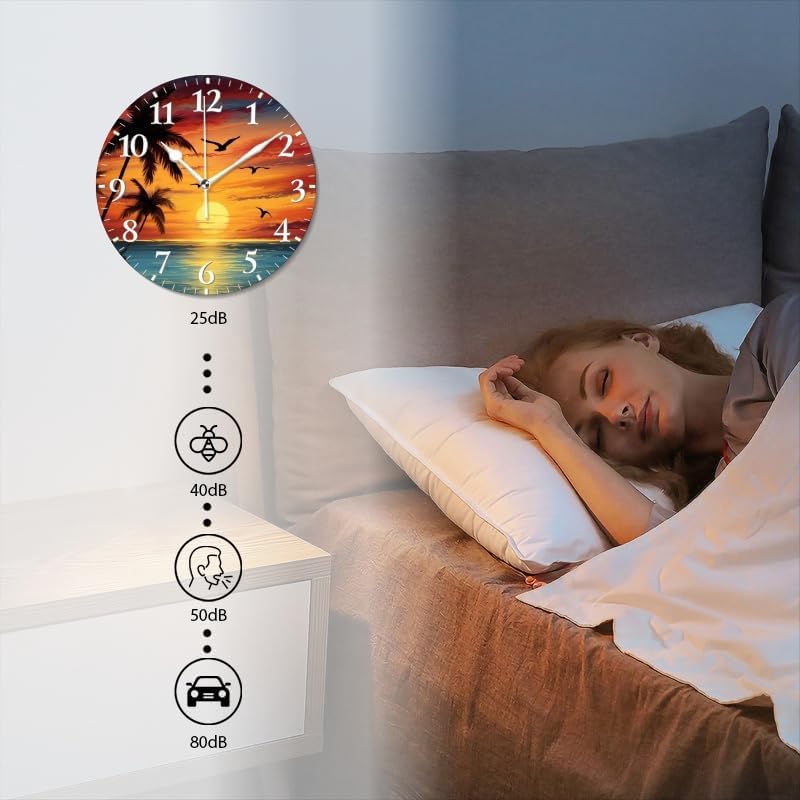 Sunset Wall Clock Non-Ticking Silent Clocks Battery Operated Analog Decor Clock for Home-Beautiful Sunset Over The Ocean with Palm Trees and Birds Flying in The Sky(12inch)