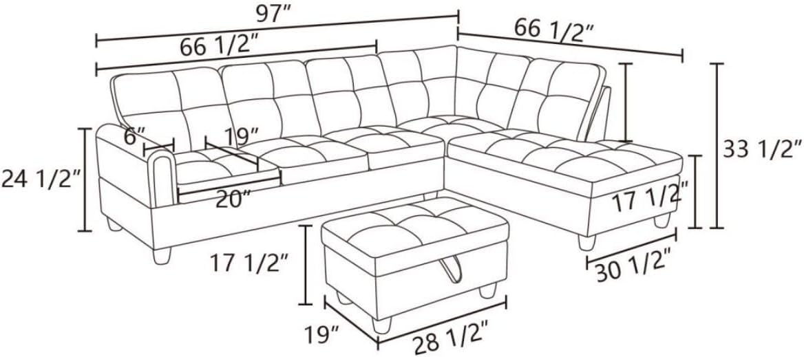 Dark Grey L-Shaped 3-Piece Flannel Sofa with Storage Ottoman Set, Sectional Couch Sofa Set for Living Room, Office, Small Space