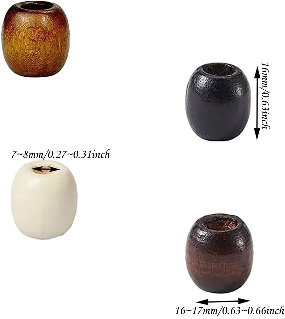 200Pcs Large Hole Barrel Wood European Loose Beads 4 Colors Natural Wooden Dreadlock Hair Braid Beads for Hair Braids Jewelry Bracelet Necklace Making 16x16-17mm