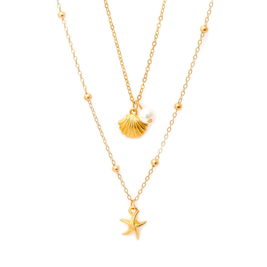 Starfish Shell Necklace for Women, 14K Gold Plated Layered Shell Starfish SeaShell Pearl Pendant Charm Beaded Necklace Stack Dainty Beach Ocean Beachy Necklaces for Women Summer Vacation Non Tarnish