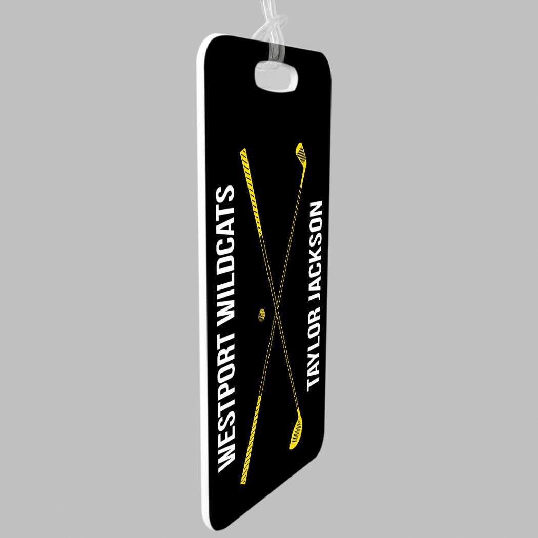 ChalkTalkSPORTS Golf Luggage & Bag Tag | Personalized Crossed Golf Clubs | Standard Lines on Back | Medium | Black/Yellow