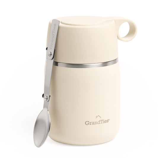 GRANDTIES Insulated Food Jar, 20 oz Wide Mouth Thermo BPA Free Stainless Steel Container for Hot Food with Carry Handle Bowl Cap & Foldable Spoon, Leakproof for Lunch To Go Meals (Ivory White)