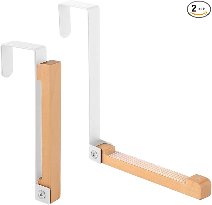 2 Pack Over The Door Hook Hanger Foldable Metal & Wood Door Hook Over The Door Hanging Rack Organizer for Clothes Coats Towels