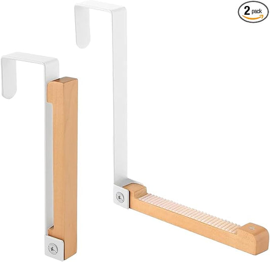 2 Pack Over The Door Hook Hanger Foldable Metal & Wood Door Hook Over The Door Hanging Rack Organizer for Clothes Coats Towels