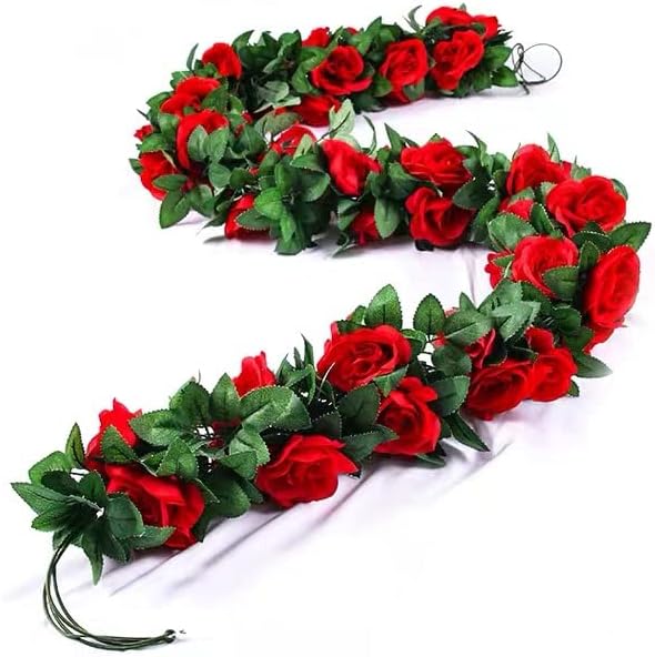 50FT Artificial Flowers Garlands Red 6PCS Silk Rose Hanging Vine with Green Leaves for Wedding Arch Party Christmas Home Decoration Flowers Arrangement