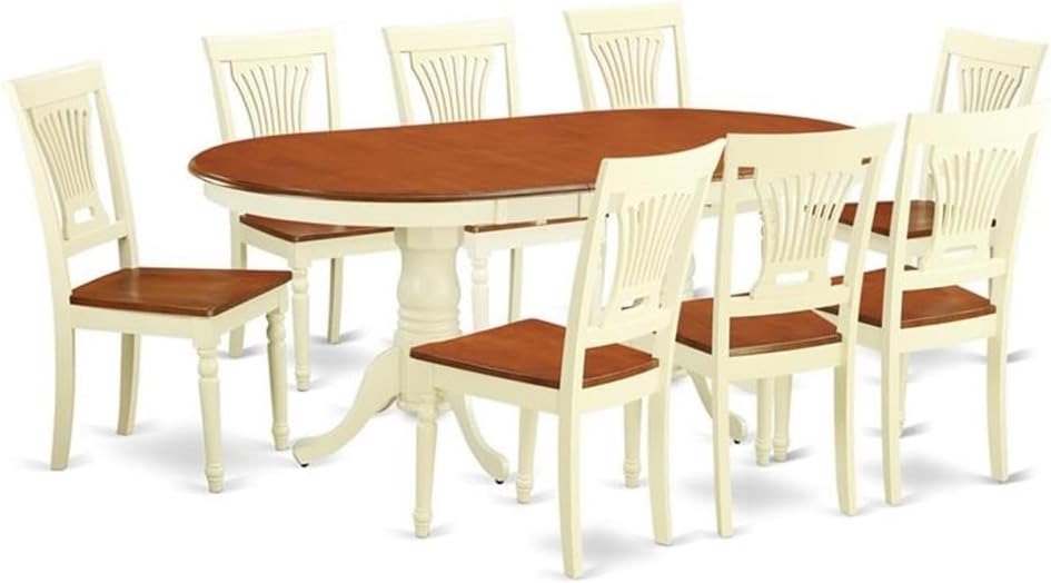 East West Furniture PLAI9-WHI-W 9 Piece Dining Table Set Includes an Oval Dinner Table with Butterfly Leaf and 8 Dining Room Chairs, 42x78 Inch, Buttermilk & Cherry
