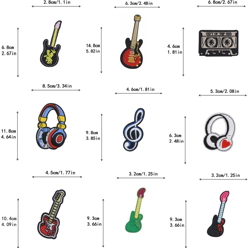 20 PCS Musician Guitar Patches Iron on/Sew on Applique Embroidered Patches for Coat Uniforms Pants Jackets Clothes Jeans Dress Vests Bags Music Fans Backpacks Hat DIY Decoration