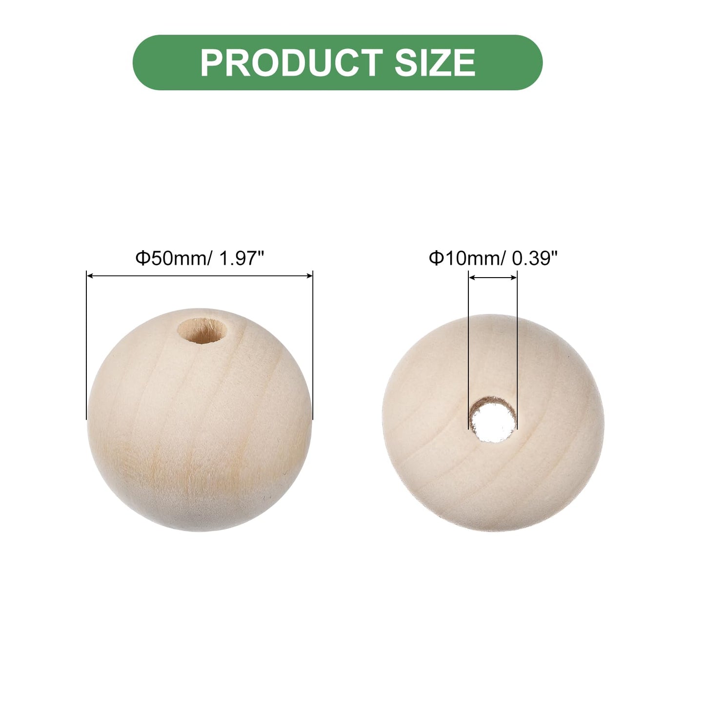 uxcell 20Pcs 50mm Natural Wood Spacer Beads, 10mm Large Hole Unfinished Round Wooden Beads for DIY Crafting, Jewelry Making Bracelets