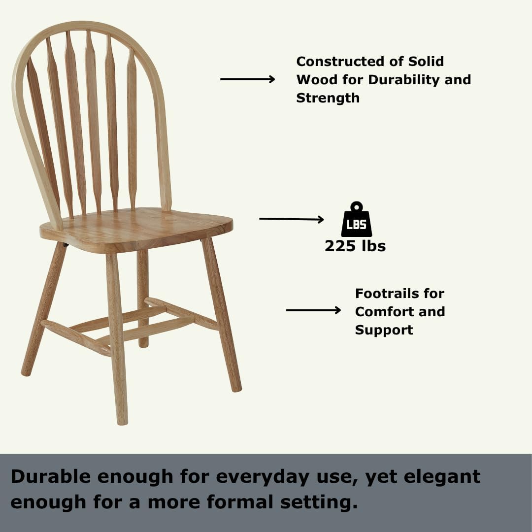 International Concepts Solid Wood Windsor ArrowBack Dining Chair with Plain Legs - Parawood Construction - 19.25" W x 19.75" D x 38.25" H - 225 lb Weight Capacity - Dining Chairs, Natural