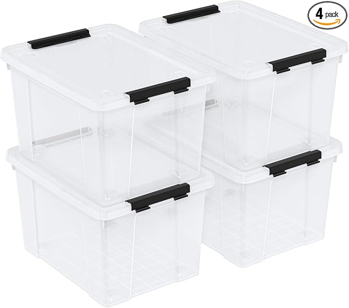 22 Quart Plastic Clear Storage Box with Wheels, Plastic Storage Bins with Lids, Latching Bins, 4 Packs