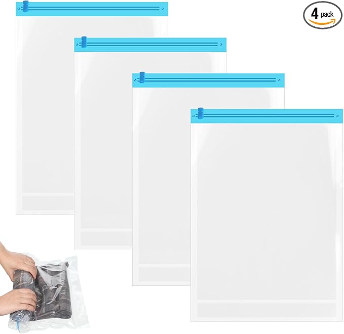 4 PCS Compression Bags for Travel, Roll-Up Space Saver Bag 18.9x13.8in Vacuum Seal Storage Bags for Packing Clothing Suitcases Luggage Home Organizers, No Pump Needed