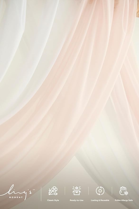 Ling's Moment Pink White Artificial Wedding Arch Flowers Kit Pack of 4, 2pcs Hanging Flower Arrangement 2pcs Chiffon Drapes Ceremony Reception Silk Rose Arbor Backdrop Floral Garden Outdoor Decoration
