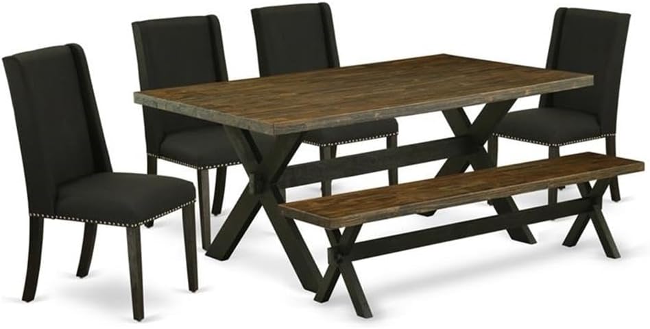 East West Furniture X677FL624-6 6 Piece Dining Set Contains a Rectangle Dining Room Table with X-Legs and 4 Black Linen Fabric Parson Chairs with a Bench, 40x72 Inch, Multi-Color