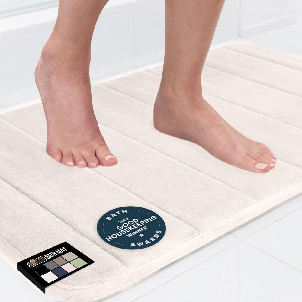 GORILLA GRIP Memory Foam Bath Mat, Soft Absorbent US Designed Bathroom Rug, Gripping Dots Machine Washable Bathmat, Cushioned Floor Mats, Shower Sink Rugs Room Décor Accessories, 24x17 Cream