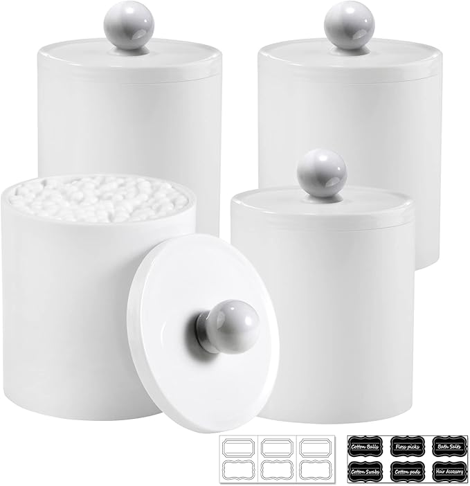 SheeChung Plastic Acrylic Bathroom Vanity Countertop Canister Jars with Storage Lid, Apothecary Jars Qtip Holder Makeup Organizer for Cotton Balls,Swabs,Pads,Bath Salts (White, 4 Pack of 15 oz.)