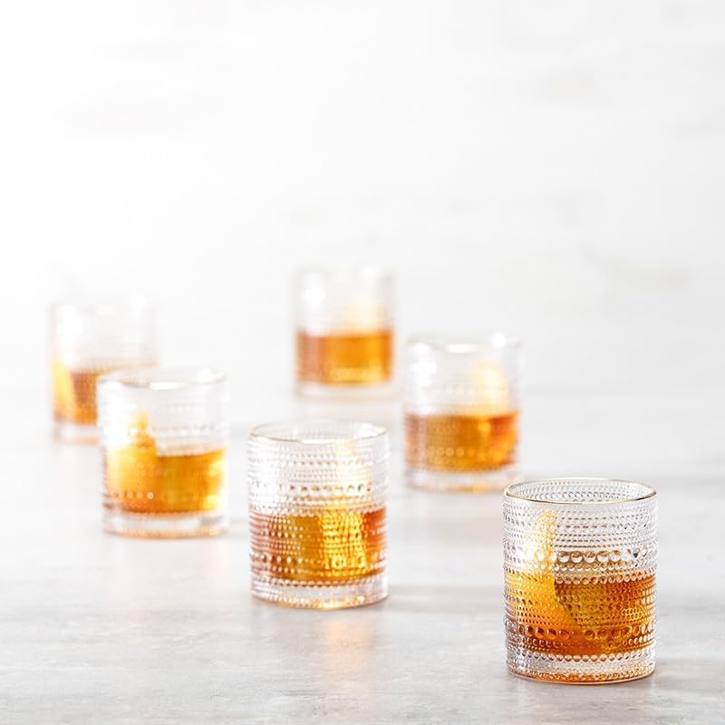 Fortessa Jupiter Beaded Hobnail Glass, 10 Ounce Double Old Fashioned (Set of 6), Gold Rim Clear