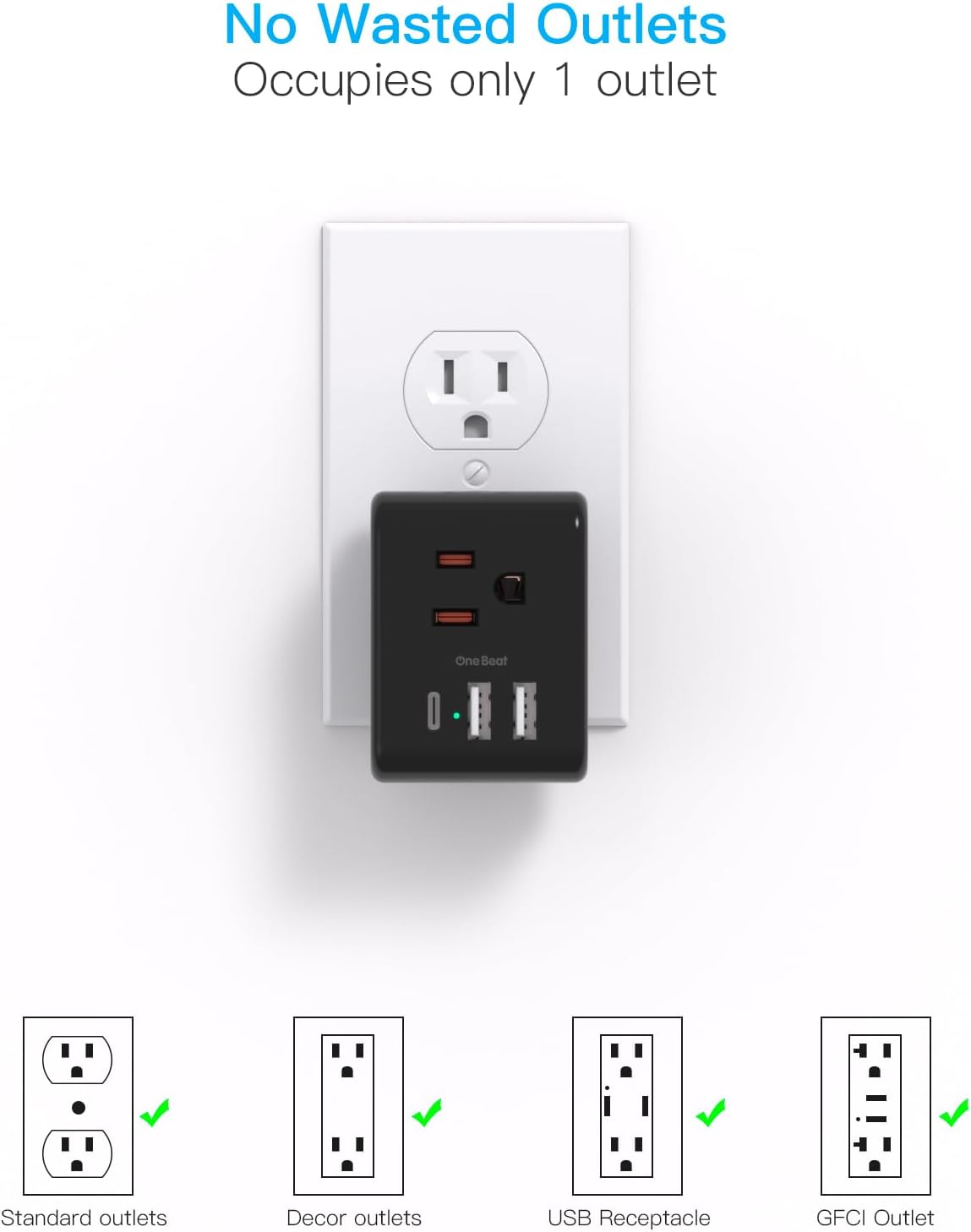 Multi Plug Outlet Extender, Power Strip Non Surge Protector Electric Outlet Splitter with 3 USB Wall Charger (1 USB C), Multiple Outlet Expander for Cruise, Dorm, Travel, Home, Black