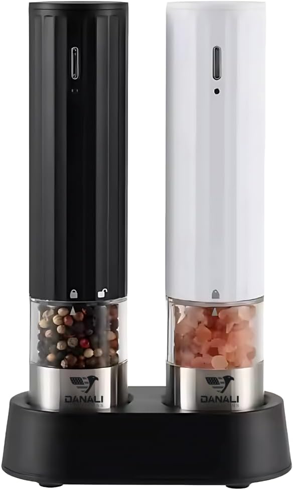 Rechargeable Electric Salt and Pepper, Automatic shaker Grinder Mill, LED Light, One-Hand Operation, Adjustable Coarseness, USB-C Charging, ABS & Stainless Steel, Stand Included.