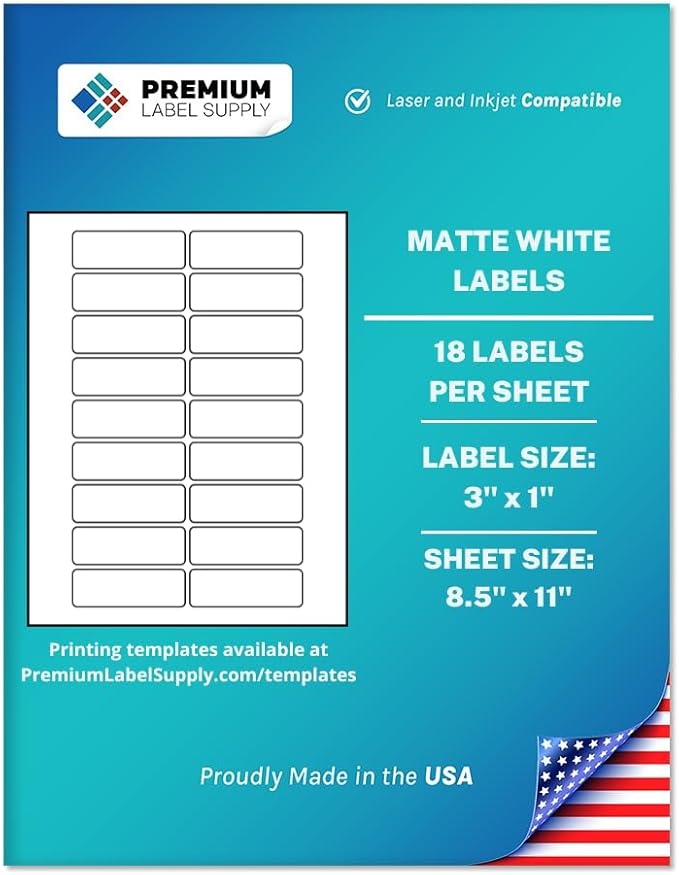 Premium Label Supply White Sticker Address Labels – 3" x 1" – Laser/Inkjet Compatible – (18 per Sheet), 100 Sheets – 1800 Total Adhesive Labels
