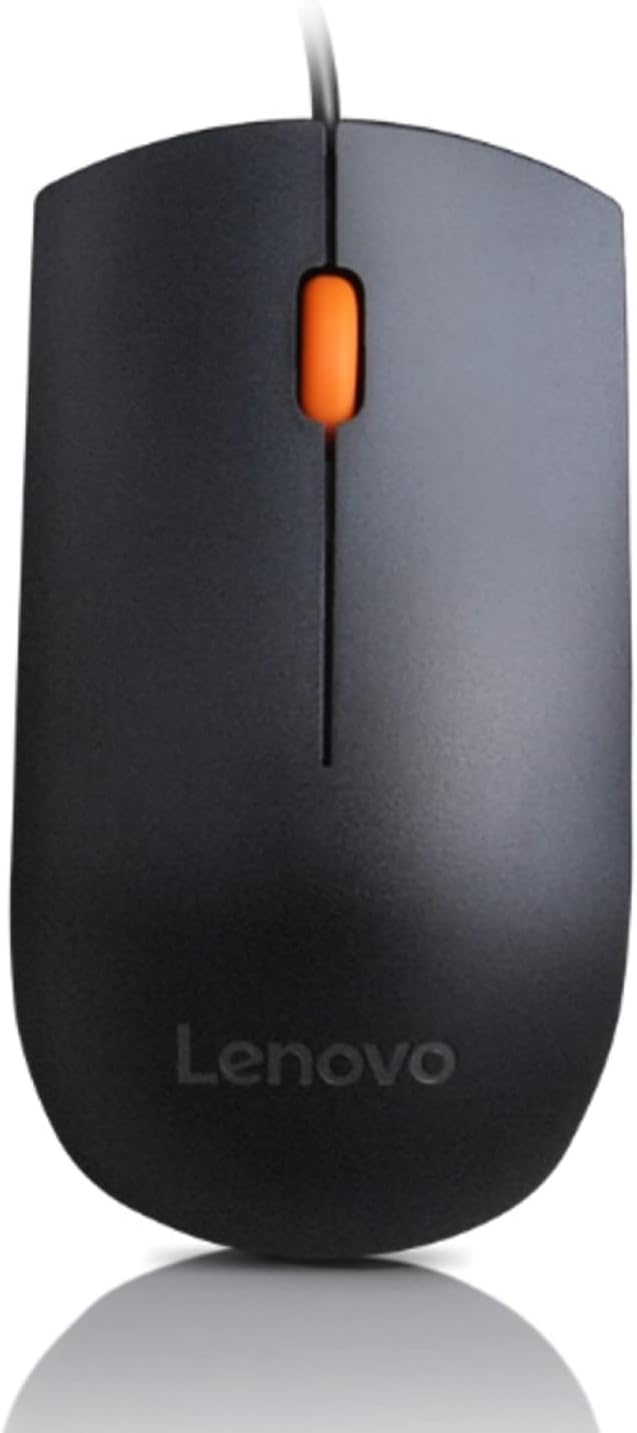 Lenovo 300 USB Wired Computer Full Size Optical Ambidextrous Mouse with 1600 DPI, Reliable USB-A Wired Connection, Easy 3-Button Navigation – Long Lasting, Durable Basic Mouse, Black