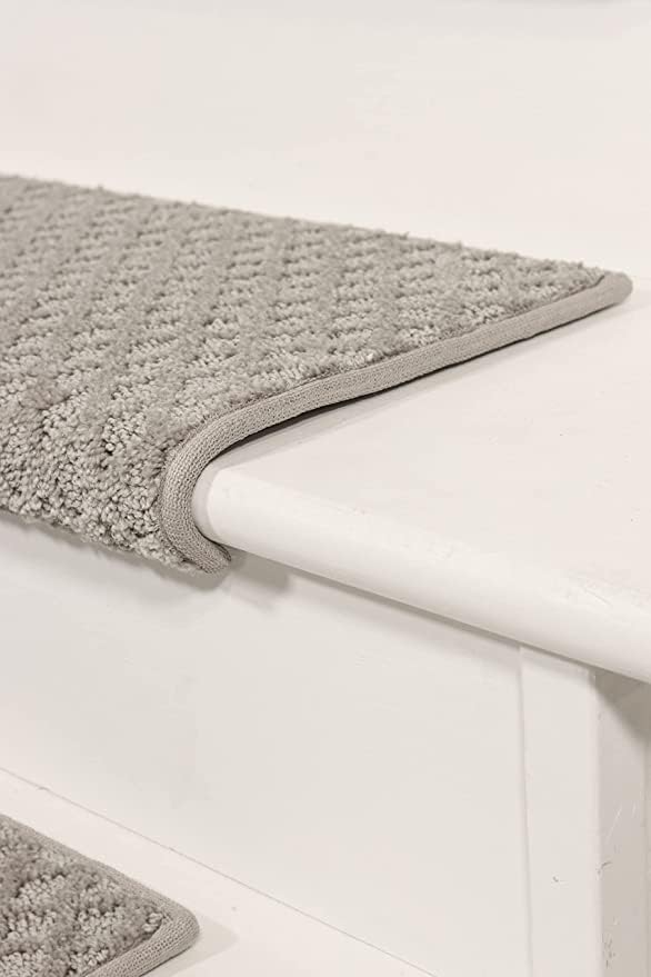 Oak Valley Designs™ Rounded Bullnose Carpet Stair Treads - Anti Slip Indoor Stair Mats for Wooden Stairs, Style: Bayside Charm, Light Grey 31" W X 9.75" D (Set of 14)