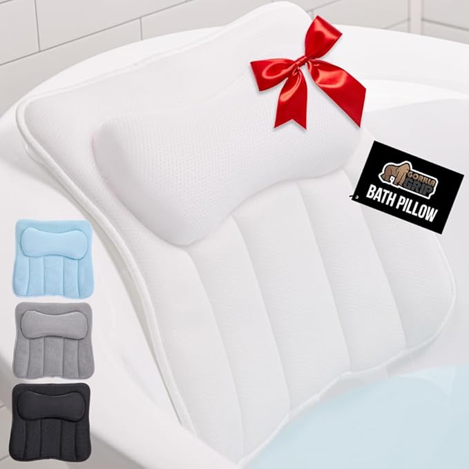 GORILLA GRIP Bath Pillow for Tub with Powerful Suction Cups, Headrest Pillows for Neck and Back Support, Machine Wash, Bathtub and Hot Tub Accessories, Relaxing Spa Gift Essentials for Women, White