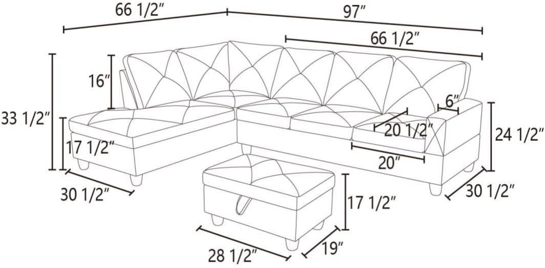 Grey L-Shaped 3-Piece Flannel Sofa with Storage Ottoman Set, Sectional Couch Sofa Set for Living Room, Office, Small Space
