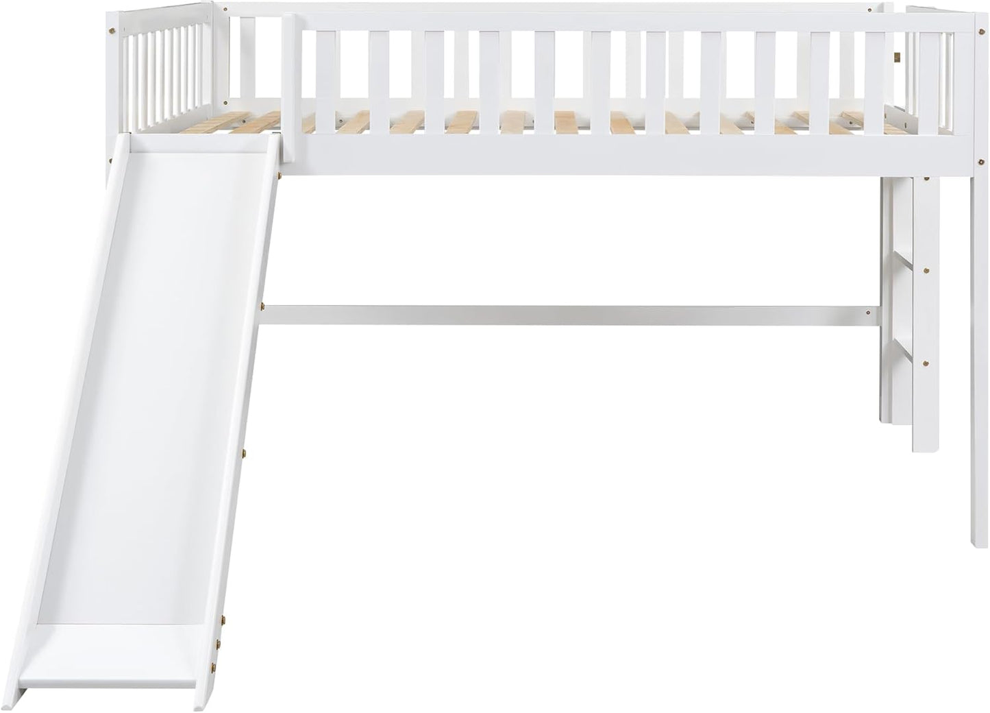 Full Size Low Loft Bed with Ladder and Slide,Vertical Design Wooden Bed Frame, for Kids and Young Teens, No Box Spring Required,Space-Saving,White