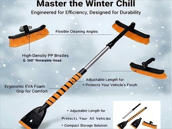 Snow Brush and Ice Scrapers for Car Windshield, 360° Pivoting Brush Head Detachable Snow Scrapers with Ergonomic Foam Grip;36inch Extendable Snow Brushs for Car，SUV and truck,Orange,Car Accessories