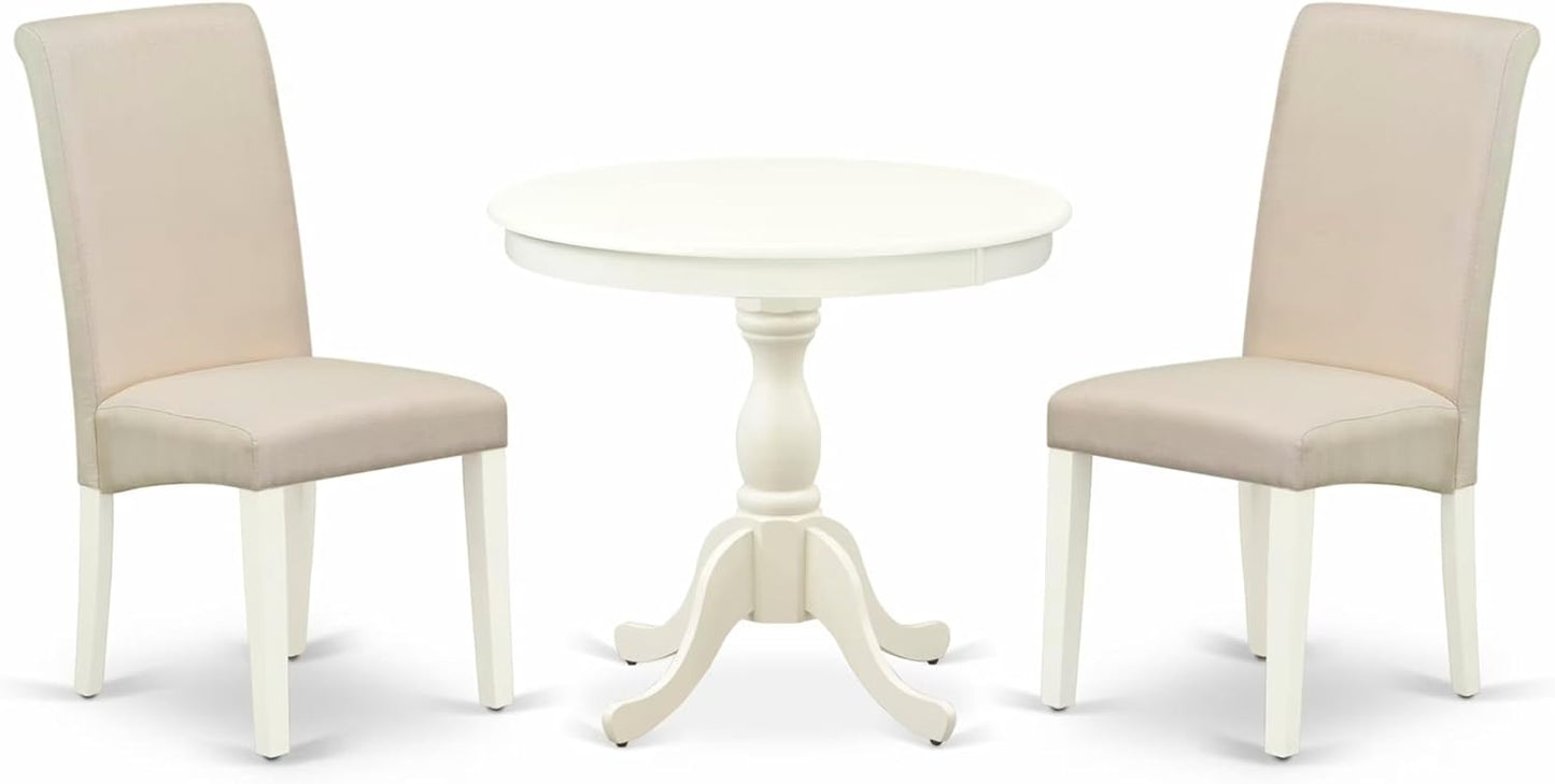 East West Furniture AMBA3-LWH-01 3 Piece Modern Dining Table Set Contains a Round Kitchen Table with Pedestal and 2 Cream Linen Fabric Upholstered Parson Chairs, 36x36 Inch, Linen White