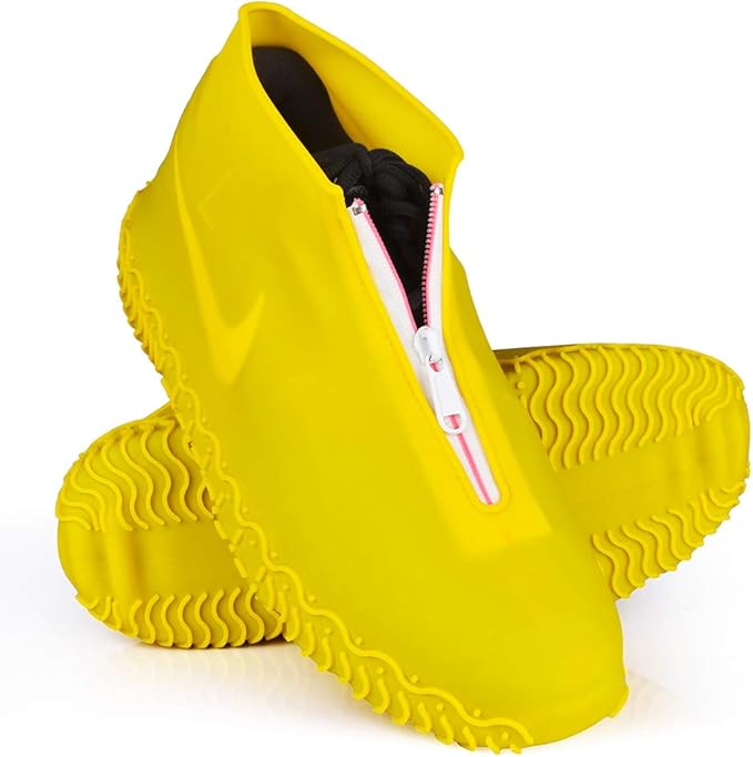 Waterproof Shoe Covers, Silicone Reusable Shoe Cover Non-slip Durable Zipper Elastic Rain Cover Protection for Men Women (L (Women 7.5-10.5, Men 6.5-9), Yellow)