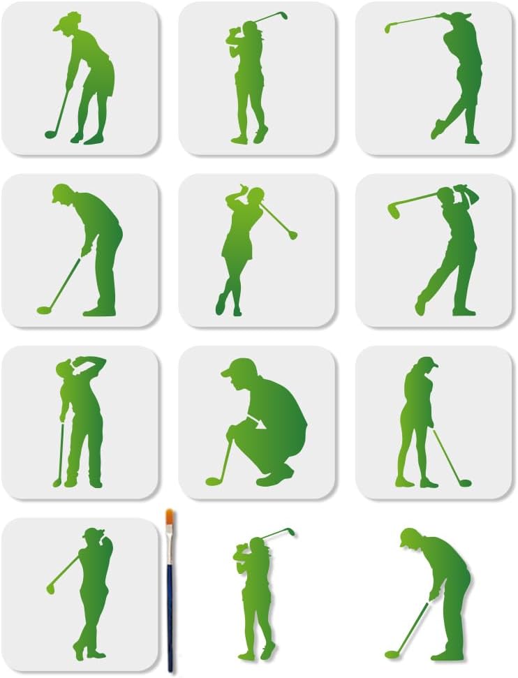 MAYJOYDIY 10 Pcs Golf Stencil Set Reusable Golfer Silhouette Stencils for Painting 5.9x5.9 Inches Sports Ball Drawing Templates with Paint Brush for Shirt Wood Wall Cards Home Gift Decoration