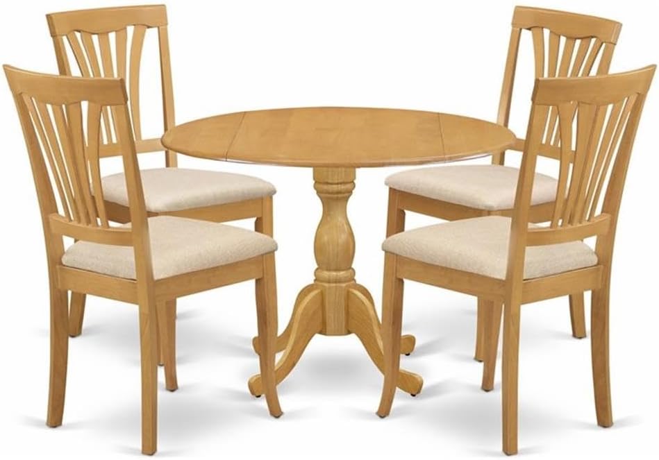 East West Furniture DMAV5-OAK-C 5 Piece Kitchen Table Set for 4 Includes a Round Dining Table with Dropleaf and 4 Linen Fabric Dining Room Chairs, 42x42 Inch, Oak