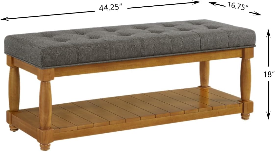24KF Large Rectangular Upholstered Tufted Bed Bench, Linen Fabric Storage Ottoman Bench for Living Room, Padded Entryway Bench with Solid Wood Shelf,5098-Granite