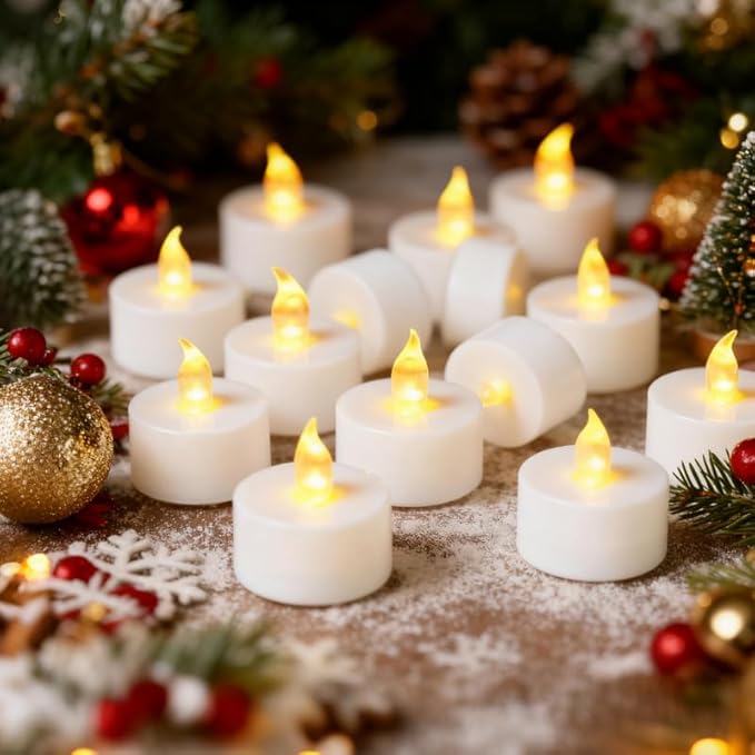 YIWER Battery Tea Lights Candles Set of 24: Flickering flameless Realistic Tealights with Warm Yellow Light Candle Light for Festivals Parties Halloween Warm Atmosphere