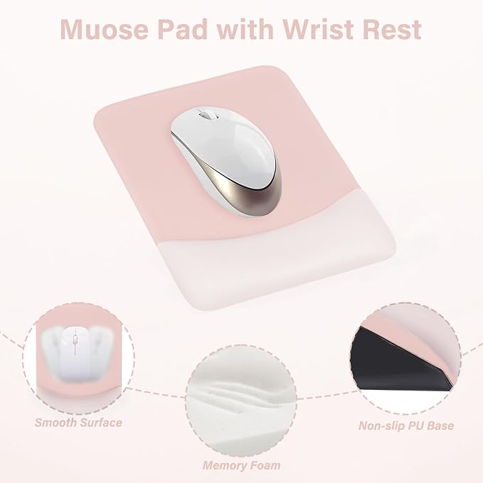 MOSISO Wrist Rest Support for Mouse Pad&Keyboard Set, Rectangular Ergonomic Mousepad Non-Slip Base Home/Office Pain Relief&Easy Typing Pad with Neoprene Cloth&Raised Silicone Lining, Baby Pink