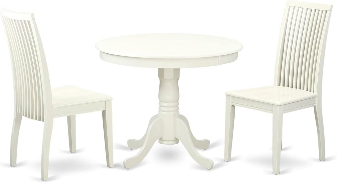 East West Furniture ANIP3-LWH-W 3 Piece Modern Dining Table Set Contains a Round Kitchen Table with Pedestal and 2 Dining Room Chairs, 36x36 Inch, Linen White