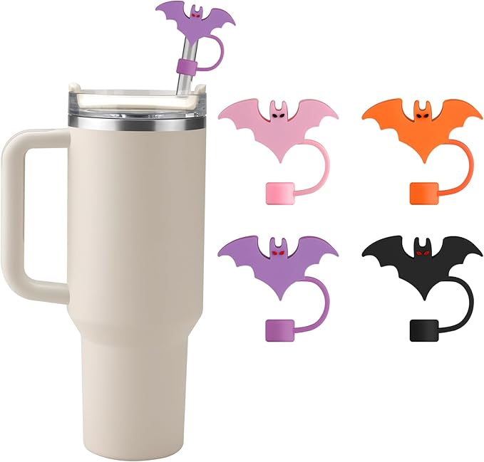 Halloween Silicone Straw Covers Cap for Stanley Cup, Cute Straw Topper for Stanley 30&40 Oz Tumbler, Reusable Dust-Proof Drinking Straw Cover, Set of 4 (Halloween Bat)